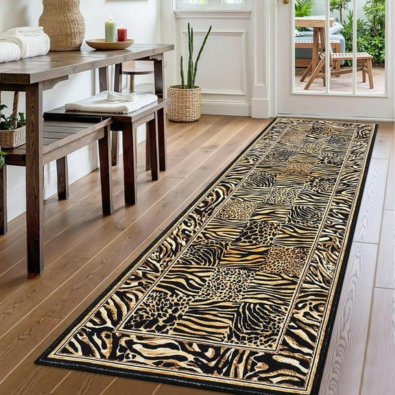 Leopard Runner Rug 2x8, Soft Leopard Patchwork Print, Washable Non-Slip, Low Pile, Hallway Runner for Bedroom, Kitchen, Laundry, Brown