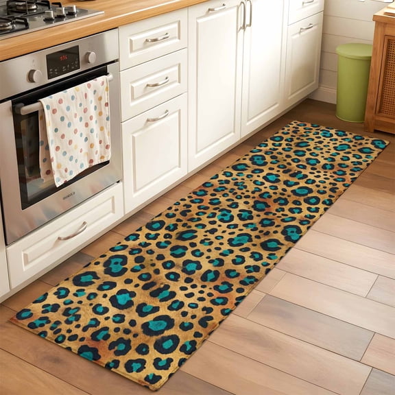 Leopard Runner Rug for Hallway 2x6ft, Brown Leopard Print Accented with Bright Blue Patches Non Slip Floor Mat Washable Low-Profile Indoor Carpet for Living Room, Bedroom, Dining Room