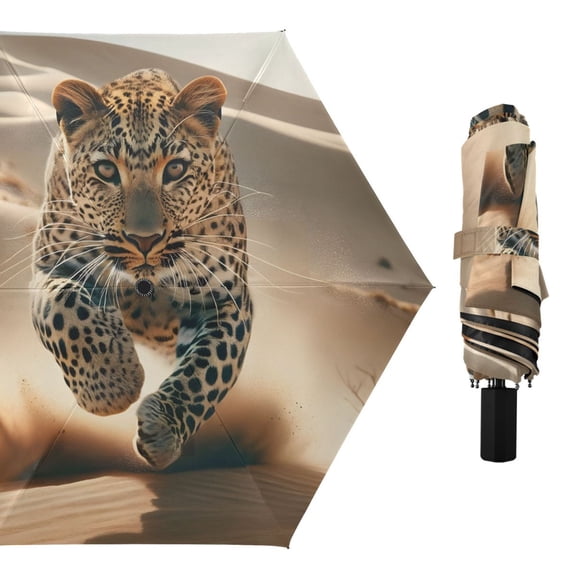 Leopard Rushing in Desert Compact Sun Umbrella Windproof Travel Umbrellas for Rain Strong Portable UV Protection