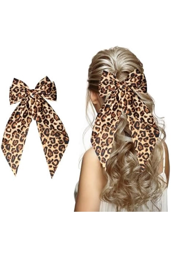 Leopard Satin Hair Bows, Big Leopard Bow Hair Clips with Long Tail, Women & Girls Ponytail Hair Accessories, 1 Count (Pack of 1)