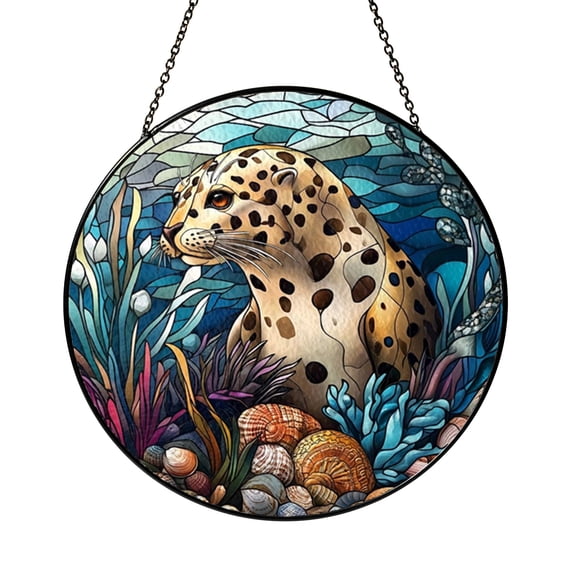 Leopard Seal Suncatcher Marine Circle Panel Hanging Display Gift Glass