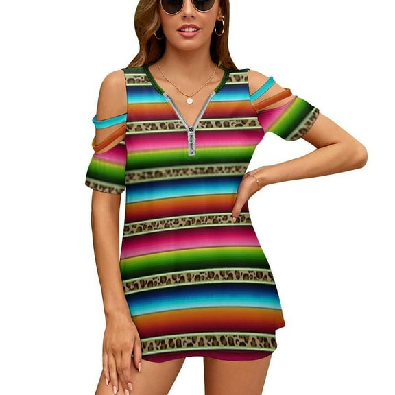 Leopard Serape Womens Summer V Neck Zipper Top Short Sleeve T Shirt Off Shoulder Top Casual Classy Loose Shirts