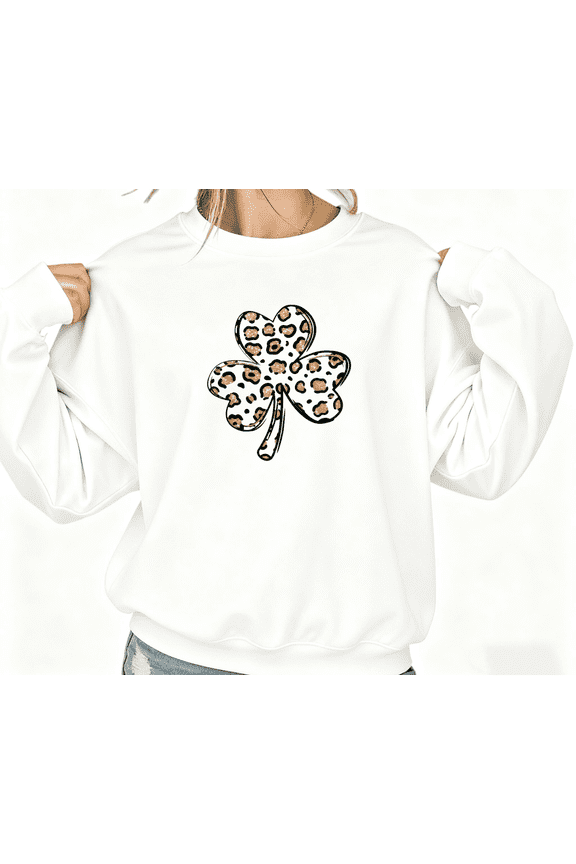Leopard Shamrock Print Graphic Sweatshirt White S-2XL Womens St Patricks Day Casual Lucky Tops
