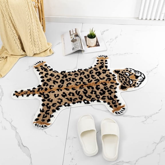 Leopard Shaped Animals Bath Mat Non-Slip Cute Bathroom Door Mat for Kitchen Bedroom Cartoon Shower Rug for Tub Soft Bathtub Mat Home Decor Brown