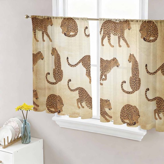 Leopard Sheer Curtains 45 Inch Length 2 Panels Set, Vintage Primitive Animals Voile Window Treatment Rod Pocket Small Kitchen Curtains Drapes for Bedroom 52"x45"x2