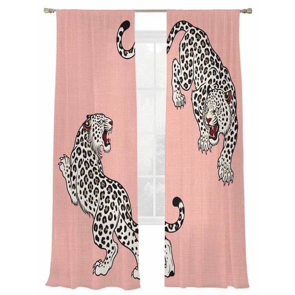 Leopard Sheer Curtains 84 inches Long 2 Panels Set Boho Leopard Linen Texture Pink Sheer Drapes Rod Pocket Window Curtains for Living Room/Bedroom