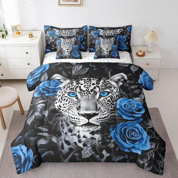 Leopard Sheet Set Cheetach Print Bedding Set Queen Size Rose Flower Comforter 7 Pieces Wildlife Animals Fitted Sheet Adults Bedroom Decor,Blue