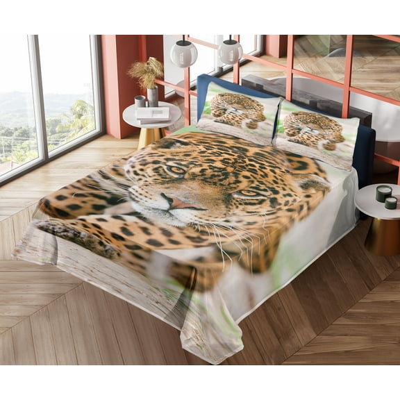 Ambesonne Leopard Fitted & Top Sheet Set with Shams, Jungle Fauna Predator Cat, Yellow and Beige