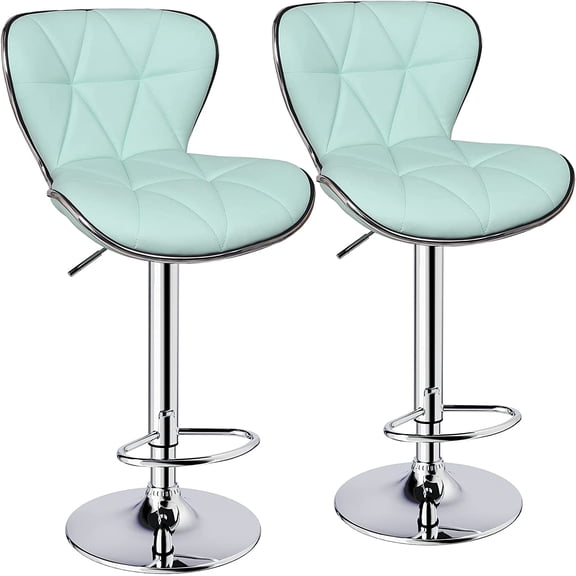 Leopard Shell Back Adjustable Swivel Bar Stools, PU Leather Padded with Back, Set of 2 (Mint Green)