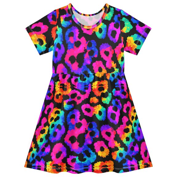 Leopard Short Sleeve Dress A-Line Cute Midi Casual Sundress 2-8 Years