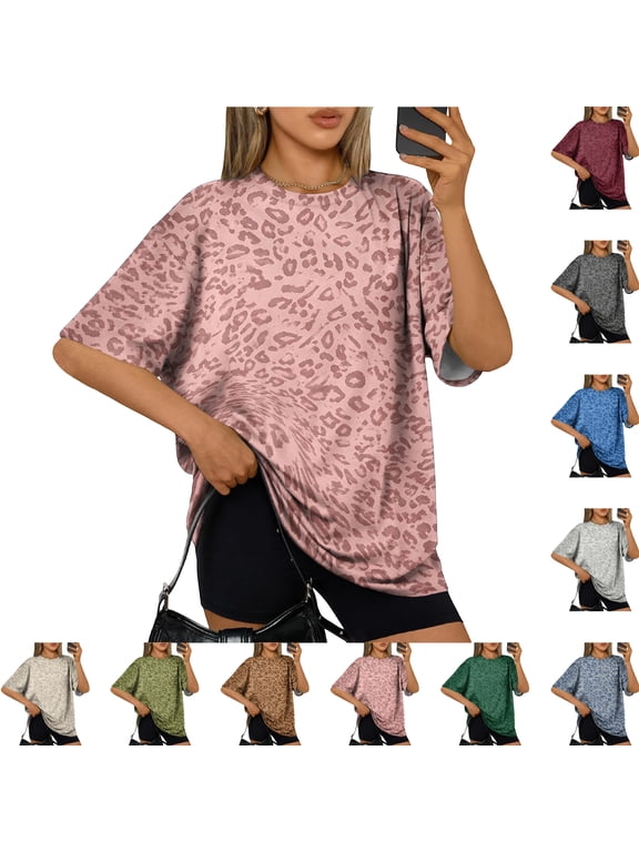 Leopard Short Sleeve Tops for Women Oversized Casual Going Out Cheetah Print T Shirts Fashion Summer T Shirt Pink XL