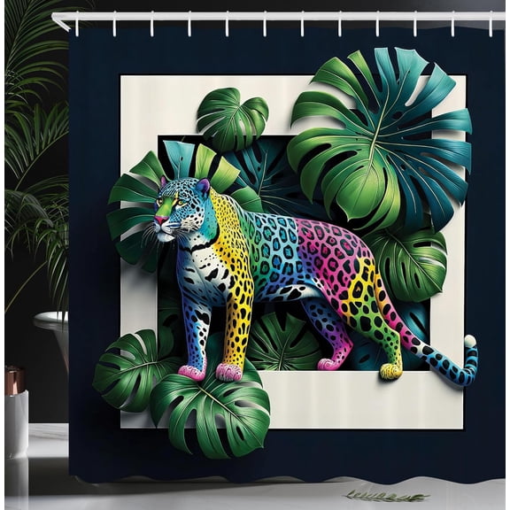 Leopard Shower Curtain, Abstract Multicolor Wild Animal of Jungle with Monstera Leaves Modern Exotic, Cloth Fabric Bathroom Decor Set with Hooks, 69" W x 84" L, Green Petrol Blue