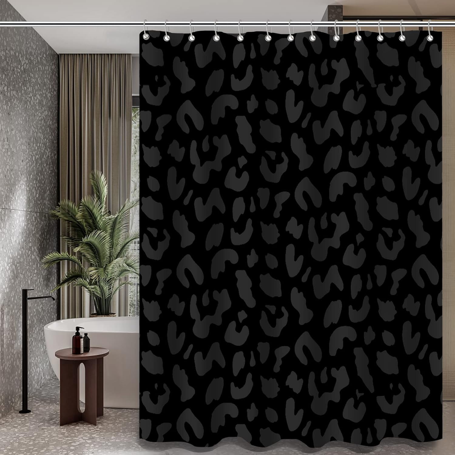 Leopard Shower Curtain Black Cheetah Print Polyester Fabric Shower Curtain Set for Bathroom with 12 Hook