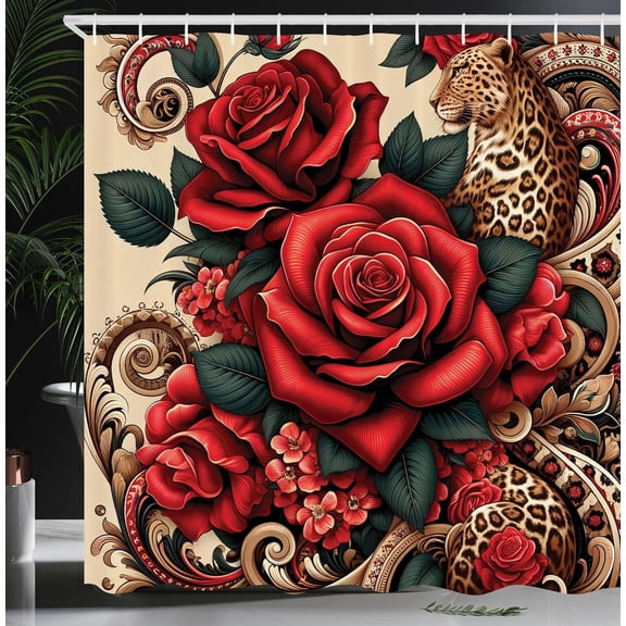 Leopard Shower Curtain, Blossoming Red Roses with Exotic Wild Spotted Savage Cat and Swirls, Cloth Fabric Bathroom Decor Set with Hooks, 69" W x 84" L, Vermilion Caramel Beige