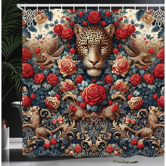 Leopard Shower Curtain, Rich Rococo Style Design with a Wild Cat Hat Bursting Red Roses, Cloth Fabric Bathroom Decor Set with Hooks, 69" W x 84" L, Dark Coral Caramel and Blue