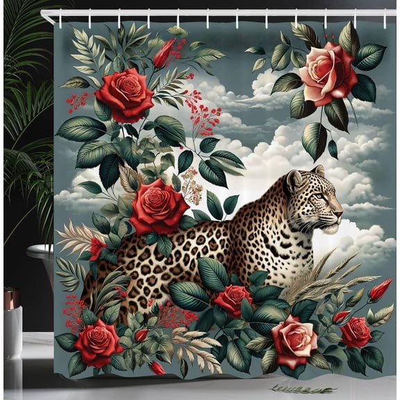 Leopard Shower Curtain, Wild Animal and Blooming Red Roses on Abstract Cloudy Background Print, Cloth Fabric Bathroom Decor Set with Hooks, 69" W x 84" L, Grey Teal and Scarlet