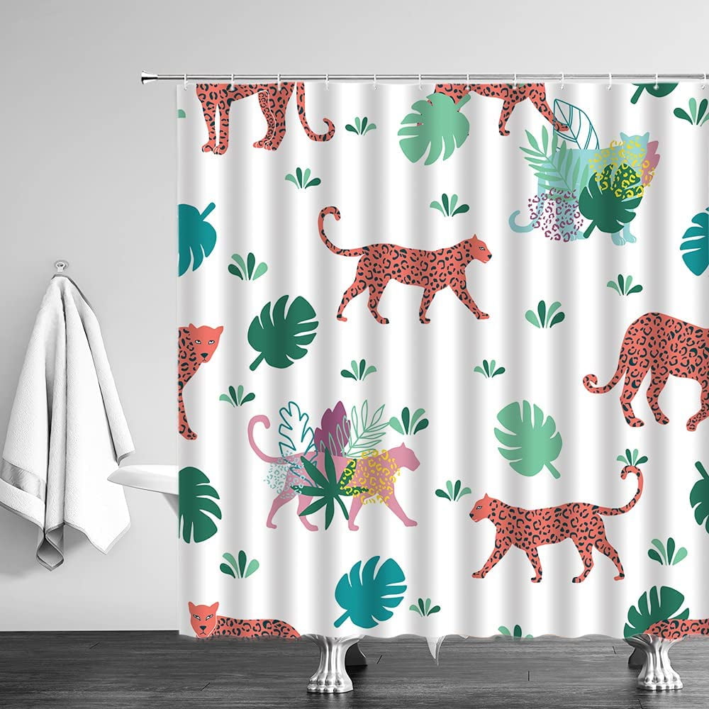Leopard Shower Curtains Tropical Jungle Wildlife Cheetah Tiger Plant Green Palm Banana Leaves