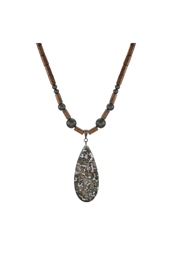 Leopard Skin Jasper Gemstone Teardrop Pendant and Wood Beaded Necklace-20