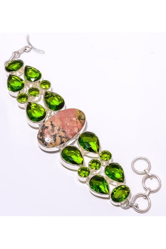 Leopard Skin Jasper & Peridot 925 Sterling Silver Bracelet 7-8" M1593, Gemstone Jewelry, Birthday Gift, Beautiful Jewelry For Woman & Girls