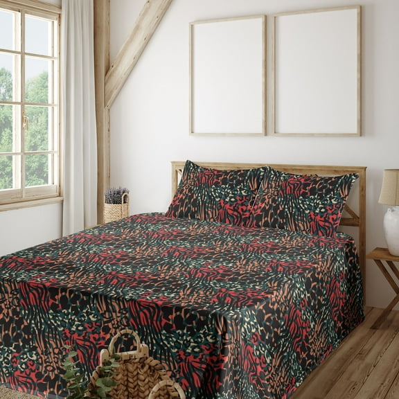 Ambesonne Leopard Skin Fitted & Flat Sheet with Sham 3 Pcs Set, Tropical Tiger Pattern, Twin XL, Orange Vermilion