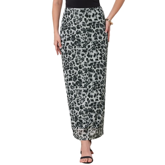 Leopard Skirts for Women Maxi Mesh Elastic High Waisted Bodycon Y2k Slim Fit Trendy Long Skirt M Black Leopard