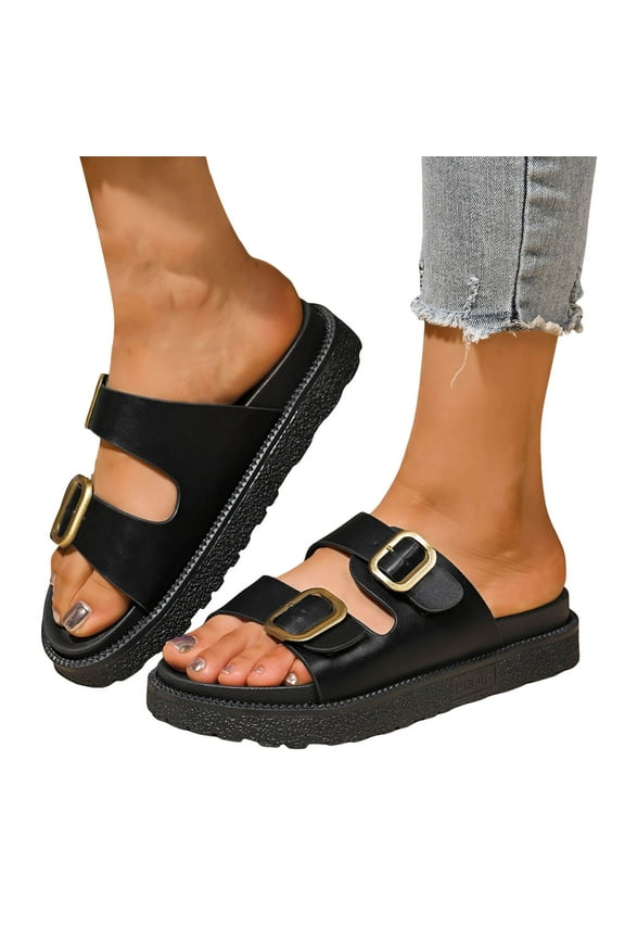Leopard Slides Platform Sandals for Women 2025 Fashion Casual Buckle Comfort Wide Feet Slip on Beach Flats