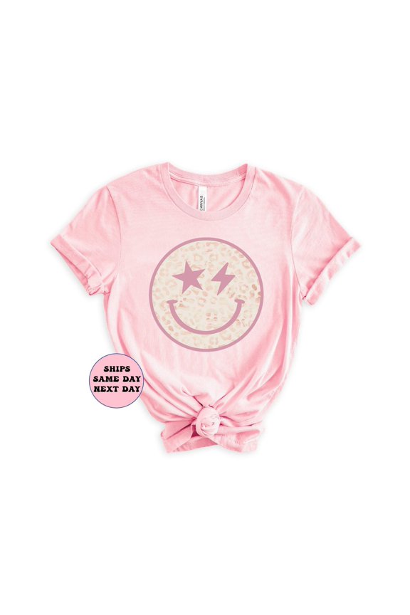 Leopard Smiley Face TShirt Retro Happy Face Graphic Tee