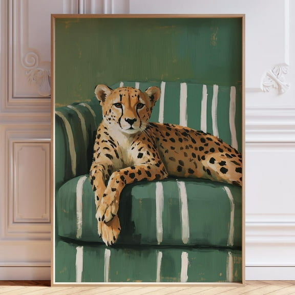 Leopard On Sofa Poster Emerald Green Modern Art Contemporary Artwork Maximalist Home Decor Cheetah Wall Art Cheetah Wall Art Art Wall Art, Modern Wall Decor, 24x36 UNFRAMED