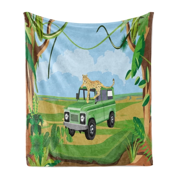 Leopard Soft Flannel Fleece Throw Blanket, Safari Vehicle in the Center of a Jungle with Animal on Top Adventurous Theme, Cozy Plush for Indoor and Outdoor Use, 50" x 70", Multicolor, by Ambesonne