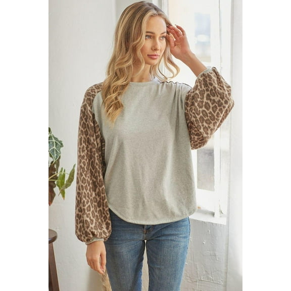 Leopard Solid Long Sleeve Top L