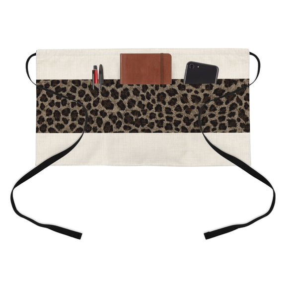 Leopard Spot Kitchen Restaurant Half Waist Apron, Exotic Brown Black Wild Animal Print Server Short Apron with 3 Pockets Waterproof Oil Waist Aprons for Women Waitress Waiter