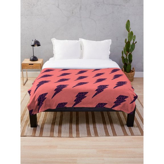 Leopard Spot Lightning Bolt Fleece Blanket, Coral Pink and Dark Navy, Polyester Fleece Fabric, 280 GSM