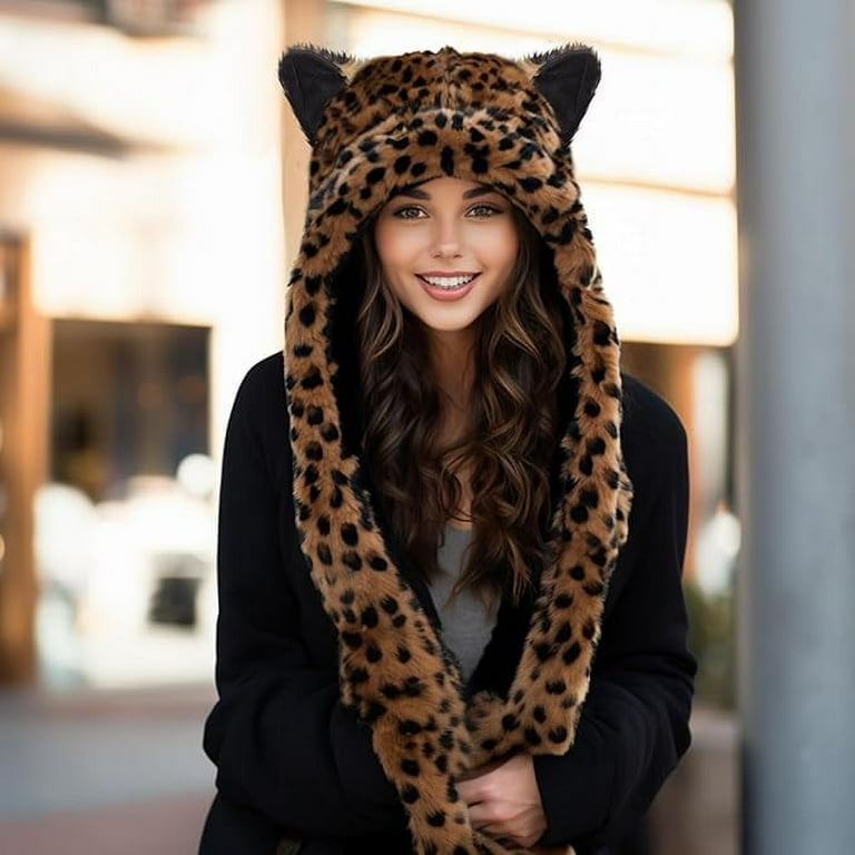 Leopard Spot Pattern Hat w Attached Mitten Paws