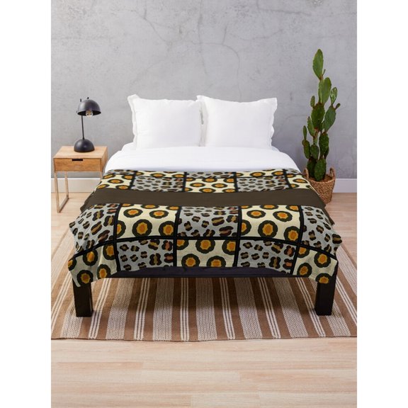 Leopard Spot and Gold Rosette Grid Fleece Blanket, 280 GSM Polyester, Animal Pattern for Couch or Bed