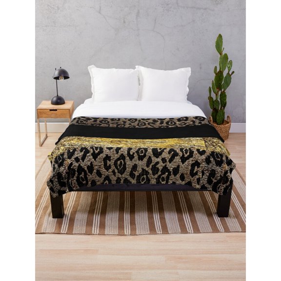Leopard Spot and Rosette Black, Gold and Tan Fleece Blanket, Polyester Fleece Fabric, 280 GSM Animal Print