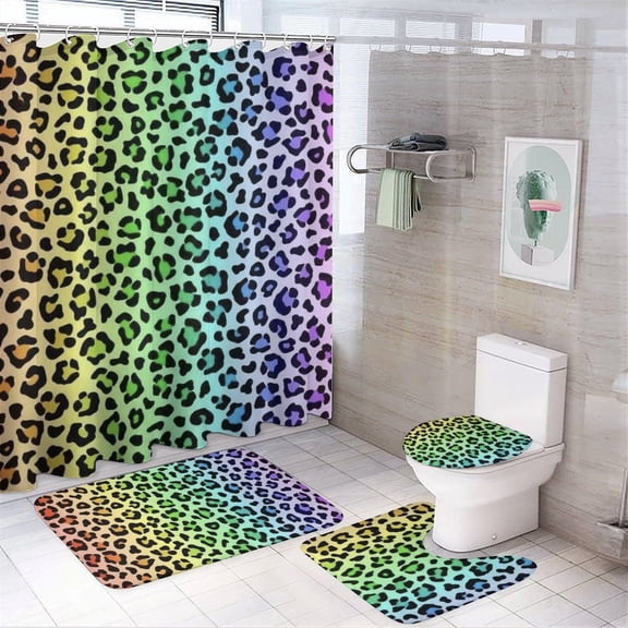 Leopard Spots Bathroom Set, Bathroom 4-piece Set - 29" X 17.5" Mats & 72" Shower Curtain with 12 Hooks, Bath Accessory for Home Use or Bathroom Decor