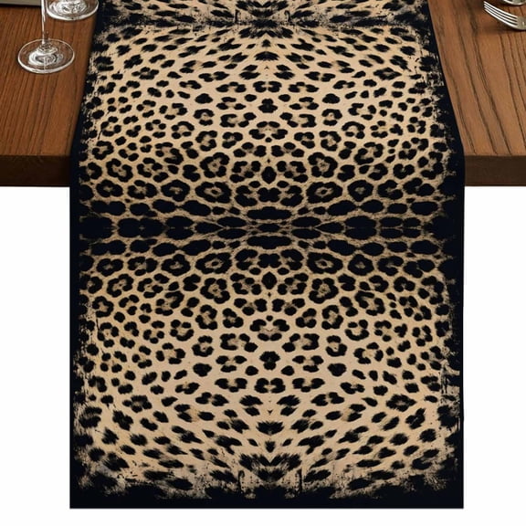 Leopard Spots Burlap Cotton Table Runner 14x72 Inches Long, Funny Animal Fur Modern Texture Farmhouse Table Runners, Outdoor Dining Tablecloths Decor for Baby Shower/Party/Wedding