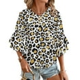 thumbnail image 1 of Leopard Spots In Black And Gold Women's V-Neck Blouse With 3/4 Ruffled Bell Sleeves Casual Top Ladies Blouses, 1 of 7