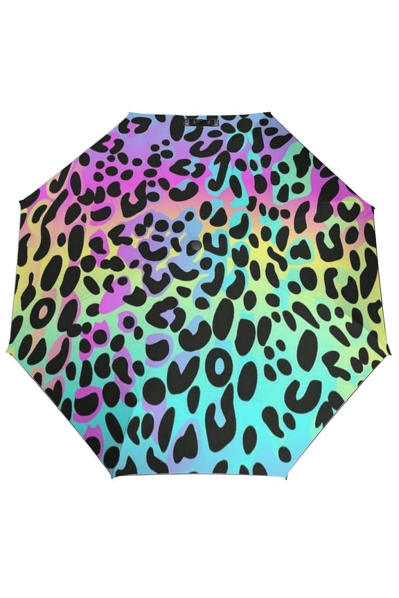 Leopard Spots Rainbow Leopard Print Umbrella for Rain - Portable, Double Layer Automatic Folding Umbrella UV Protection for Rain Car Travel Outdoor Men Women