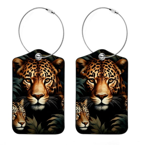 Leopard Square PU Leather 2 Pack Travel Tag - Bag Tag - Suitcase Tag with Privacy Cover and Stainless Steel Ring - Suitable for Travel, Backpack, and Handbag