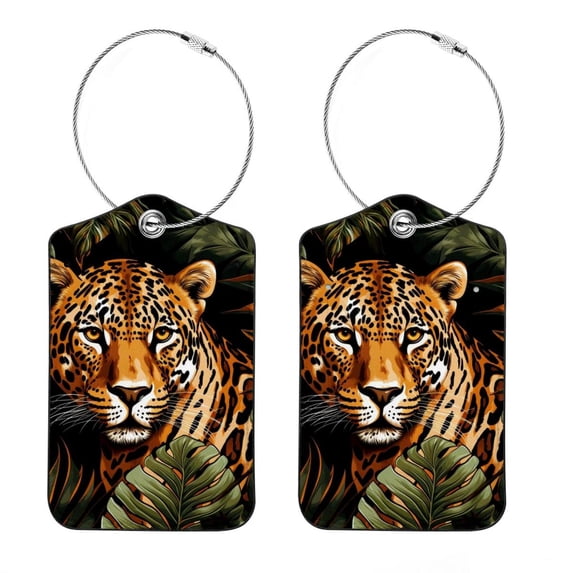 Leopard Square PU Leather Luggage Tags, 2 Pack, with Privacy Cover and Stainless Steel Ring - Suitable for Travel, Backpack, Handbag - Bag Tags, Handbag Tags