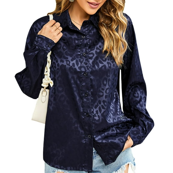 Leopard Stain Button Down Shirts for Women Roll Up Long Sleeve V Neck Casual Work Shirts