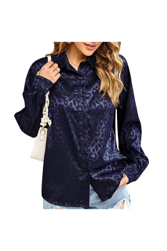 Leopard Stain Button Down Shirts for Women Roll Up Long Sleeve V Neck Casual Work Shirts