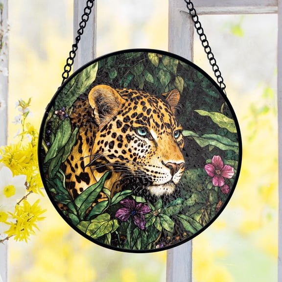 Leopard Stained Glass Suncatcher, Jungle Flowers Wildlife Decor, Exotic Safari Theme, Glass Art Panel, Gift for Animal Lovers & Nature Fans