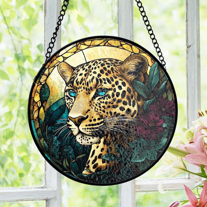 Leopard Stained Glass Suncatcher, Jungle Safari Window Art, Wild Animal ...