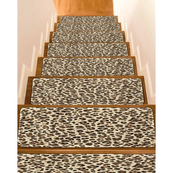Leopard Stair Treads for Wooden Steps Indoor Runner Rug Carpet, Rustic Brown Animals Art Modern 7 Pieces Peel and Stick Staircase Step Treads Covers Washable Throw Door Mats, 30"x8"