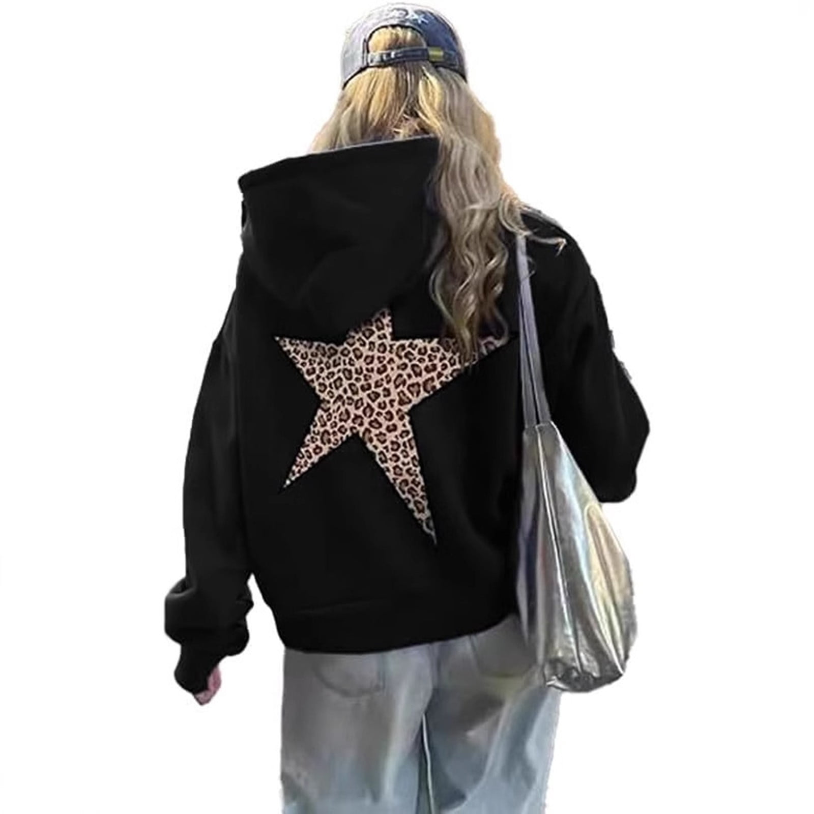 Leopard Star Hoodies for Women Oversized Cheetah Graphic Long Sleeve Hooded Sweatshirt Fashion Y2k Streetwear Pullover Tops
