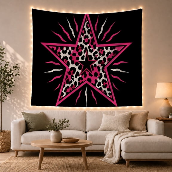 Leopard Star with Neon Pink Rays on Black, Energetic Psychedelic for Animal Print Lovers, Bold Graphic Art Decor, Housewarming Gift, Tapestry Wall Hanging for Bedroom and Living Room