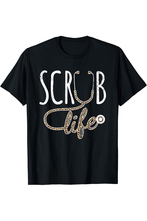 Leopard Stethoscope Scrub Life For A Registered Nurses Life T-Shirt Black Large