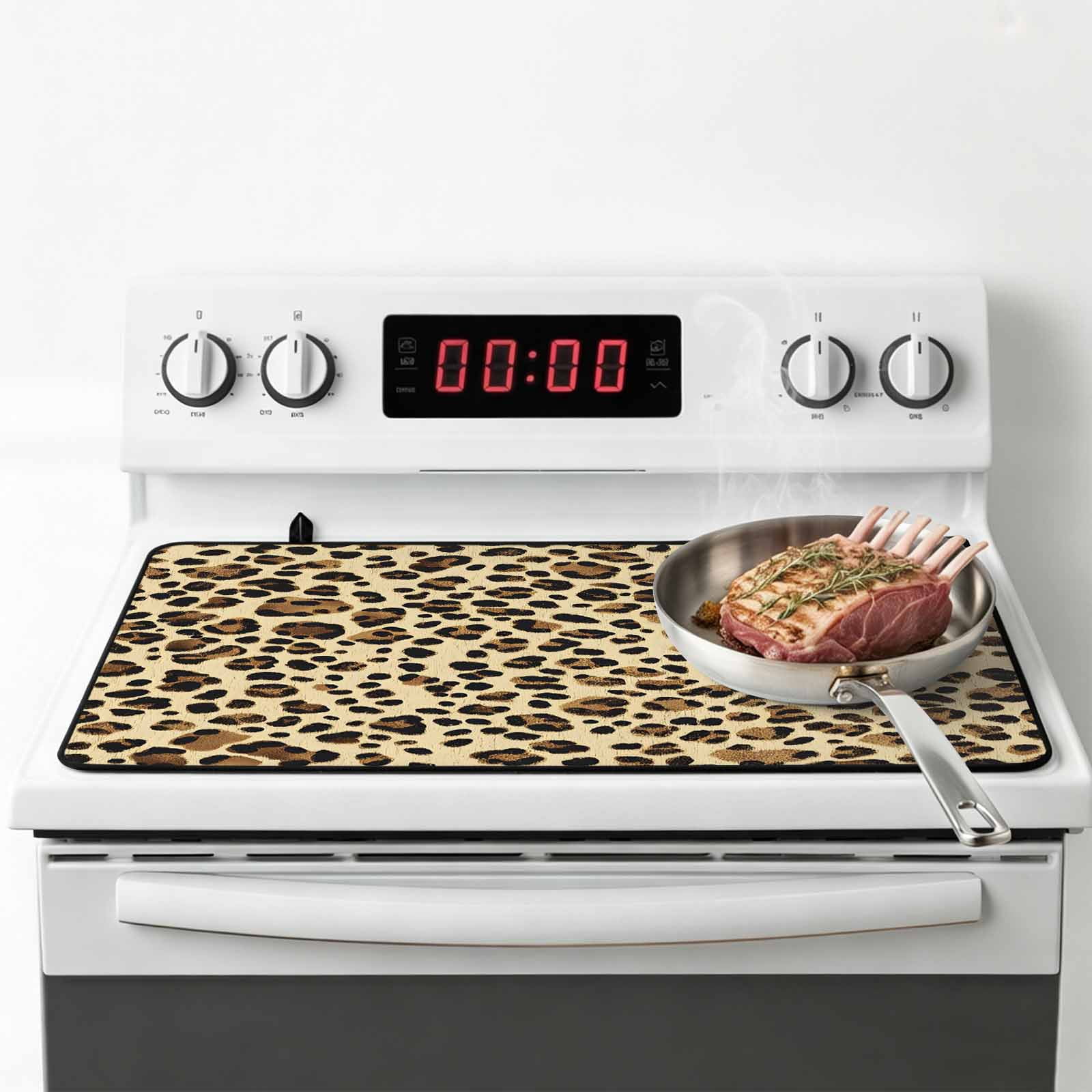 Leopard Stove Top Cover for Electric Stove, Heat-proof & Non Slip Glass Top Stove Cover Protector, Brown Animals Art Modern Farmhouse Kitchen Flat Cooktop Rubber Mat 24x21 Inches